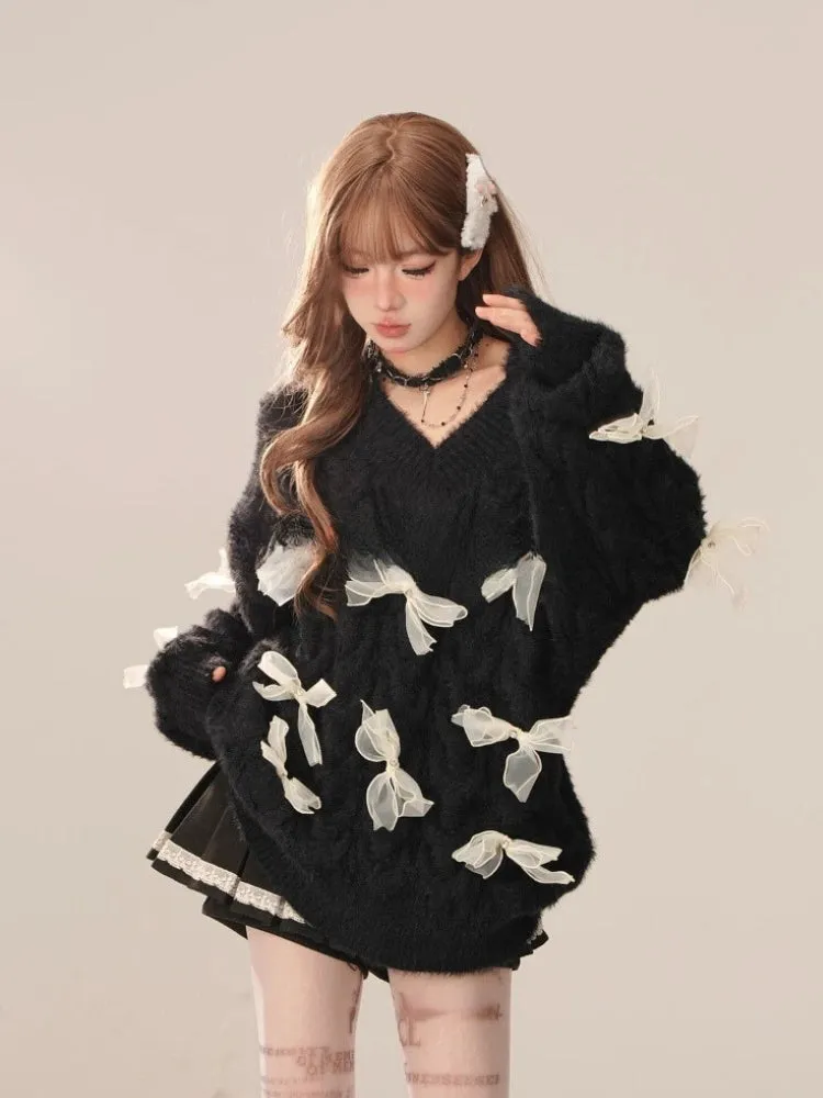 Bow Cut Out Fluffy Sweater