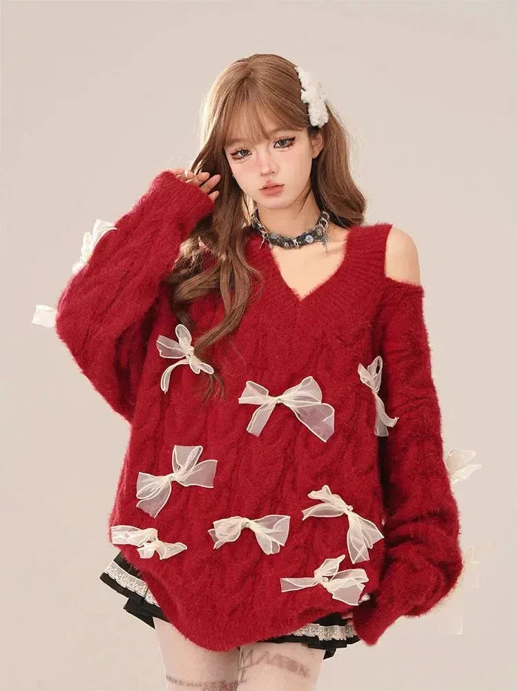 Bow Cut Out Fluffy Sweater