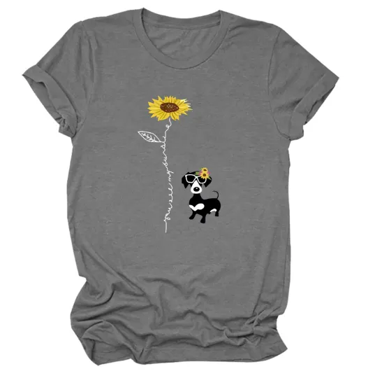 Casual Fashion Sunflower Flower Puppy Dog Print Short-Sleeved