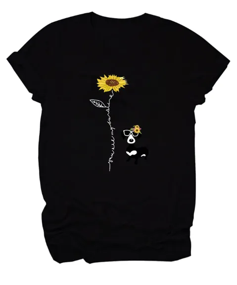 Casual Fashion Sunflower Flower Puppy Dog Print Short-Sleeved