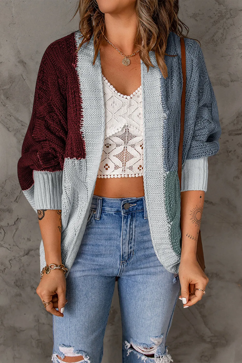 Color Block Loose Open Front Knitted Cardigan