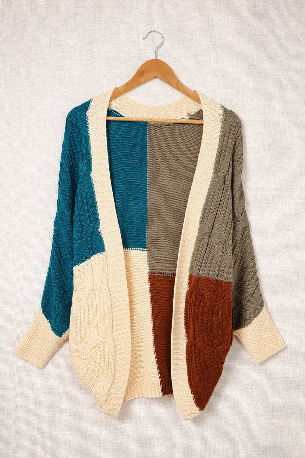 Color Block Loose Open Front Knitted Cardigan