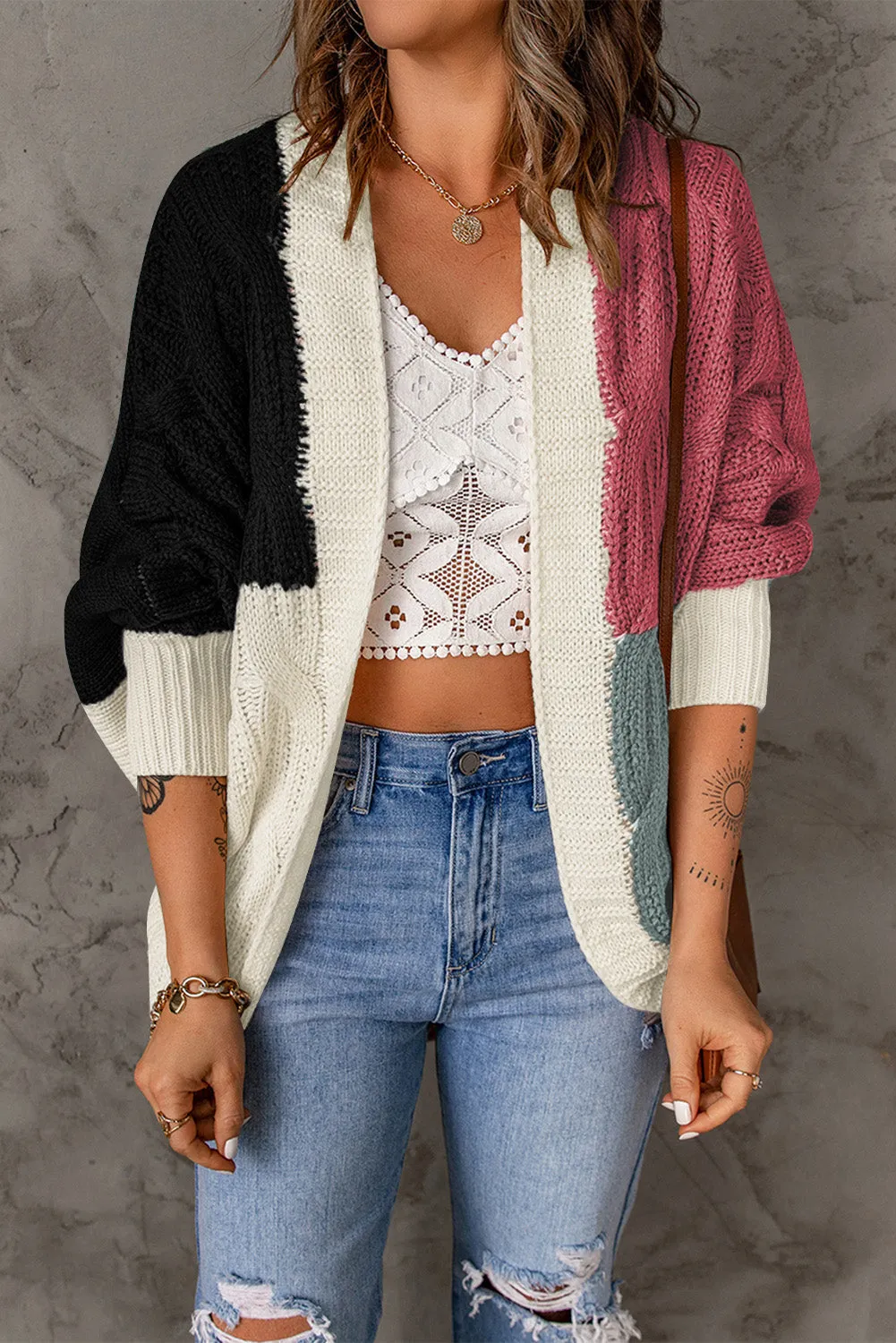 Color Block Loose Open Front Knitted Cardigan