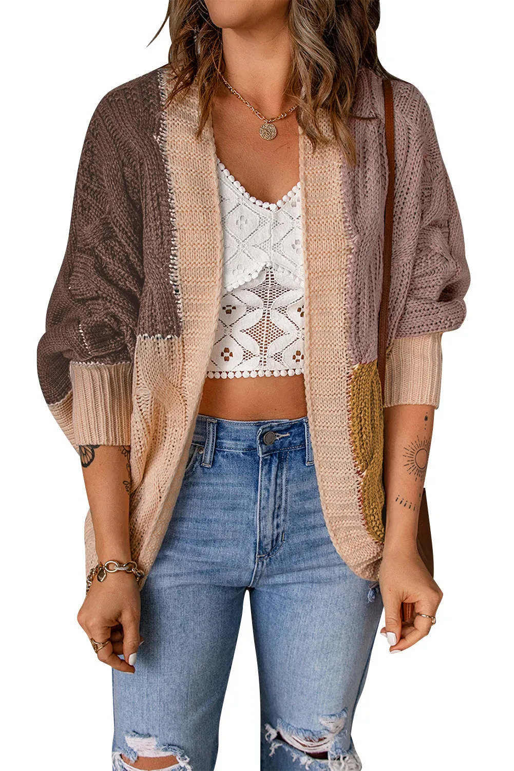 Color Block Loose Open Front Knitted Cardigan