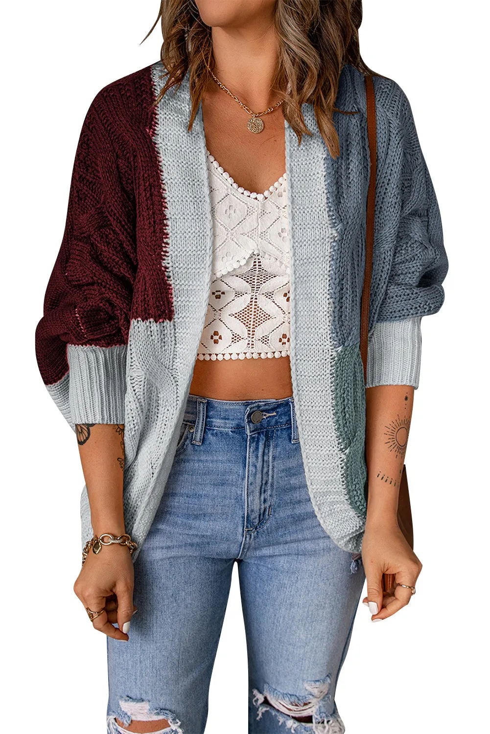 Color Block Loose Open Front Knitted Cardigan