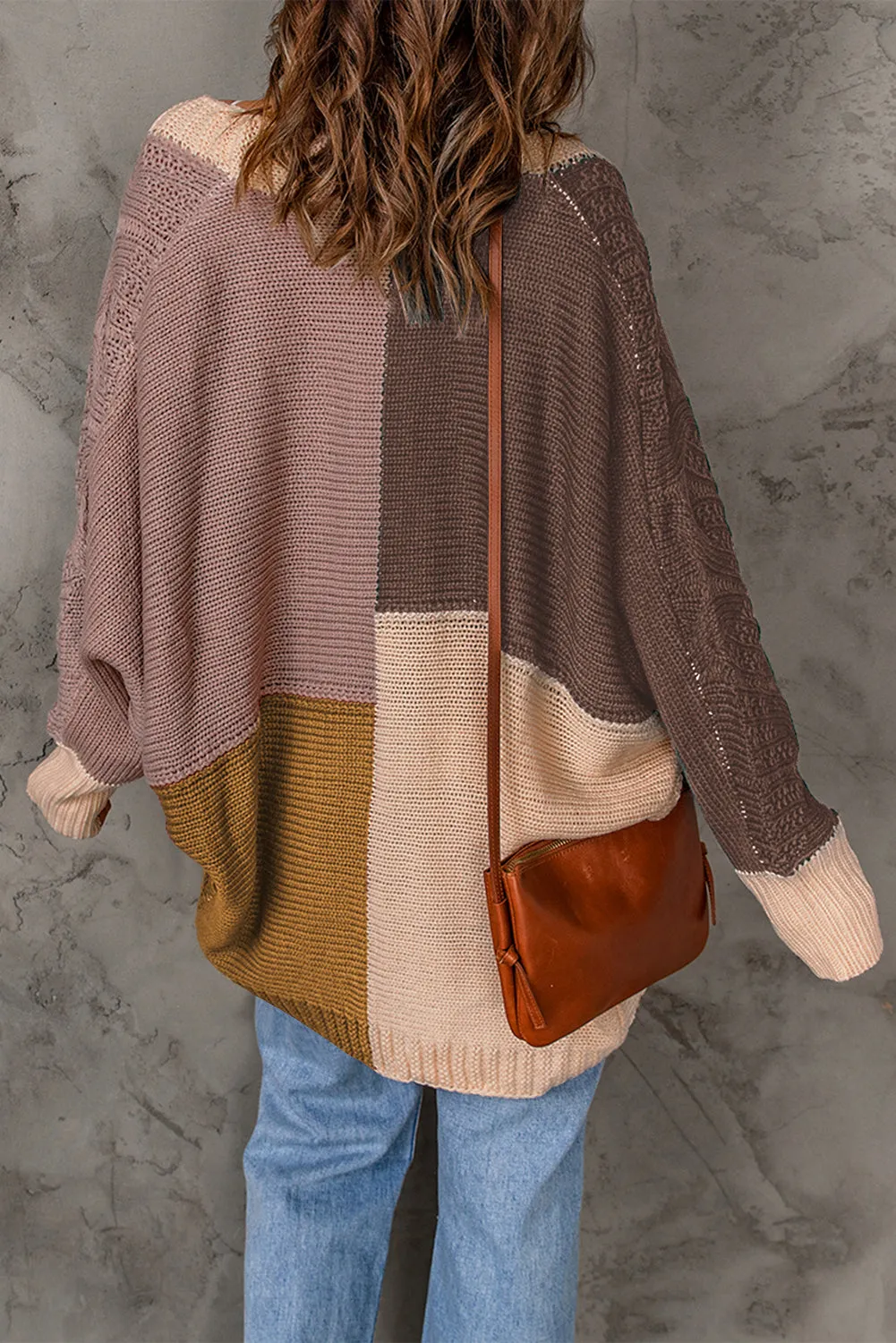 Color Block Loose Open Front Knitted Cardigan