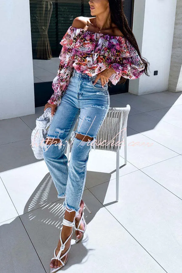 Colorful Botanical Print Sexy Off-shoulder Ruffle Top