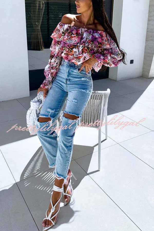 Colorful Botanical Print Sexy Off-shoulder Ruffle Top