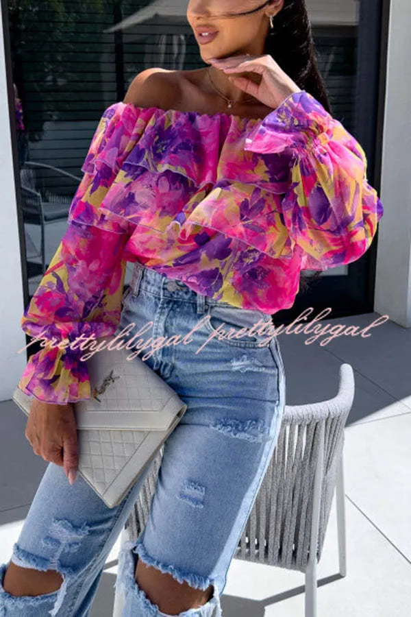 Colorful Botanical Print Sexy Off-shoulder Ruffle Top