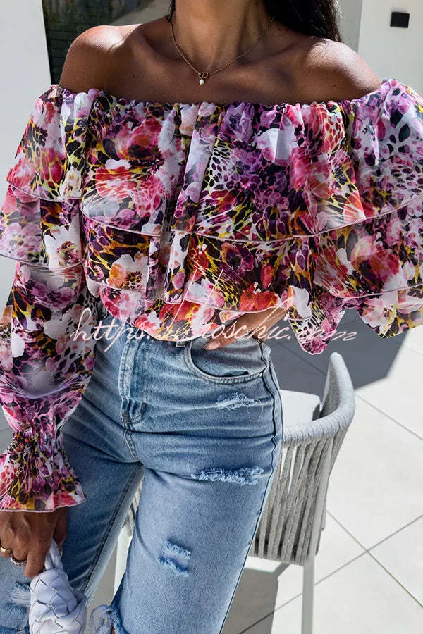 Colorful Botanical Print Sexy Off-shoulder Ruffle Top