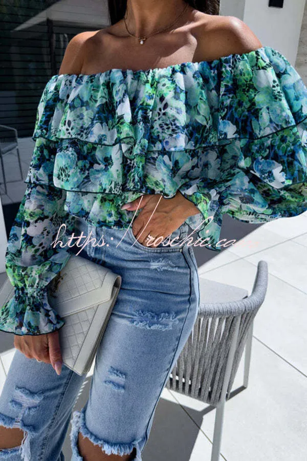 Colorful Botanical Print Sexy Off-shoulder Ruffle Top