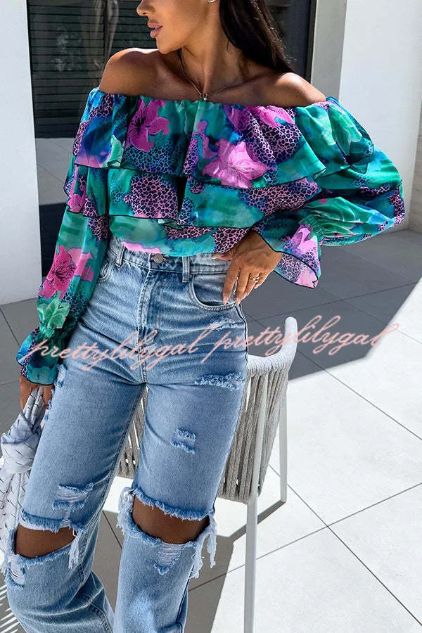 Colorful Botanical Print Sexy Off-shoulder Ruffle Top