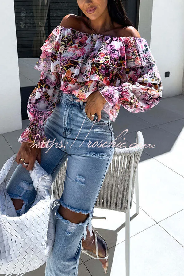 Colorful Botanical Print Sexy Off-shoulder Ruffle Top