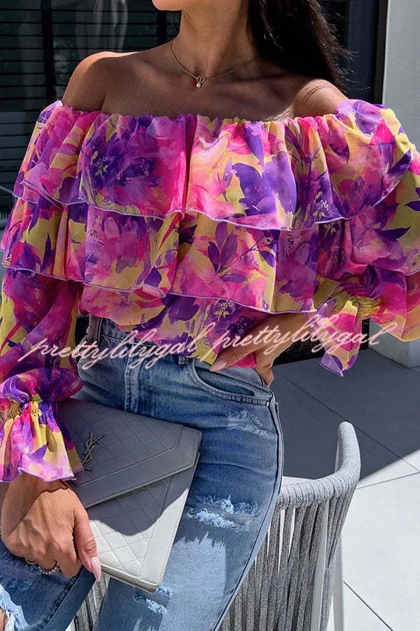 Colorful Botanical Print Sexy Off-shoulder Ruffle Top