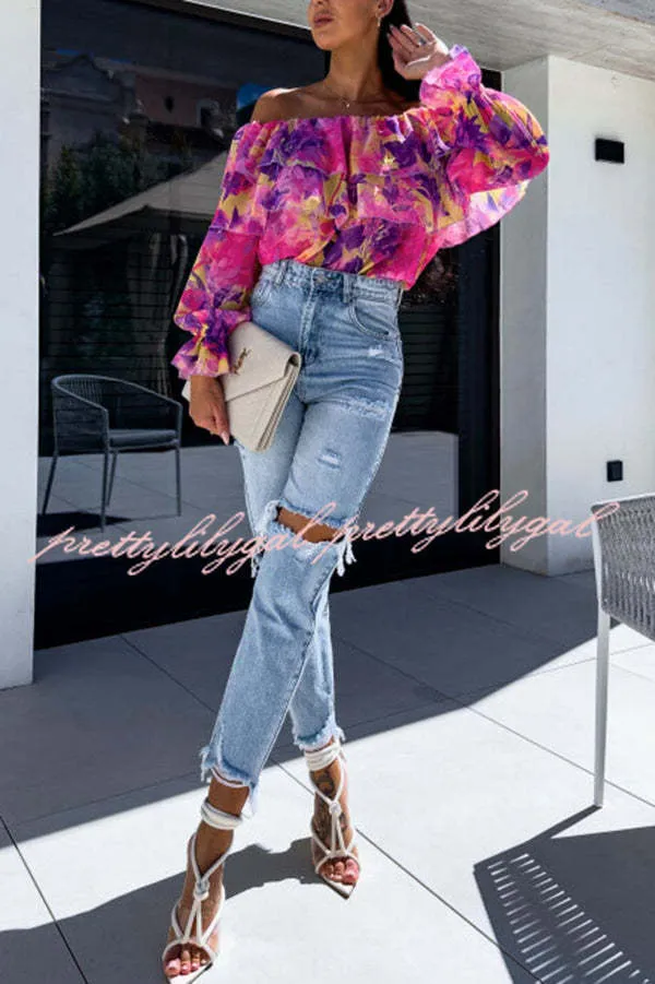 Colorful Botanical Print Sexy Off-shoulder Ruffle Top