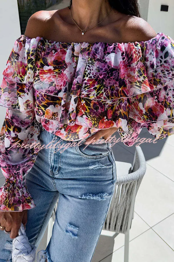 Colorful Botanical Print Sexy Off-shoulder Ruffle Top