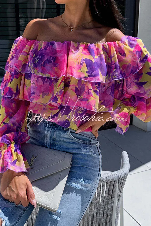 Colorful Botanical Print Sexy Off-shoulder Ruffle Top