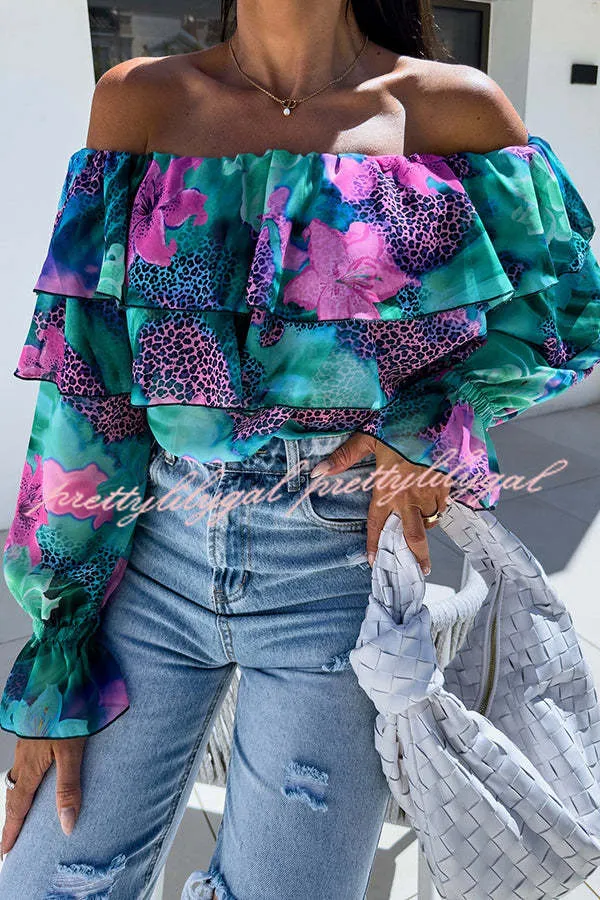 Colorful Botanical Print Sexy Off-shoulder Ruffle Top