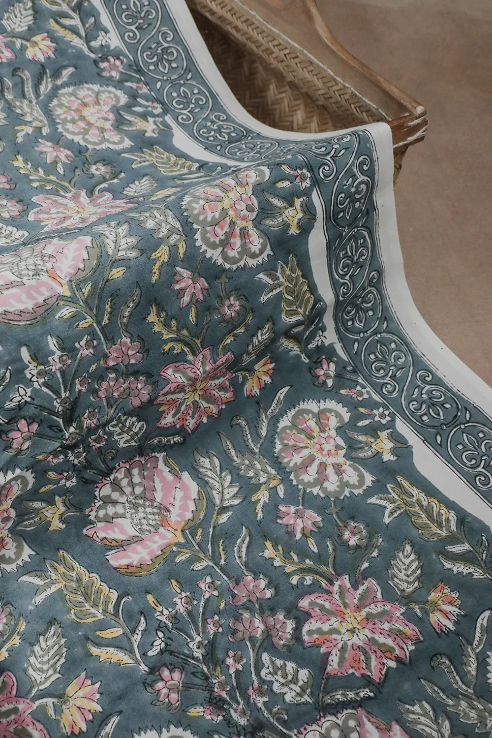 Colorful Floral on Grey Sanganeri Cotton Fabric - 1.25m