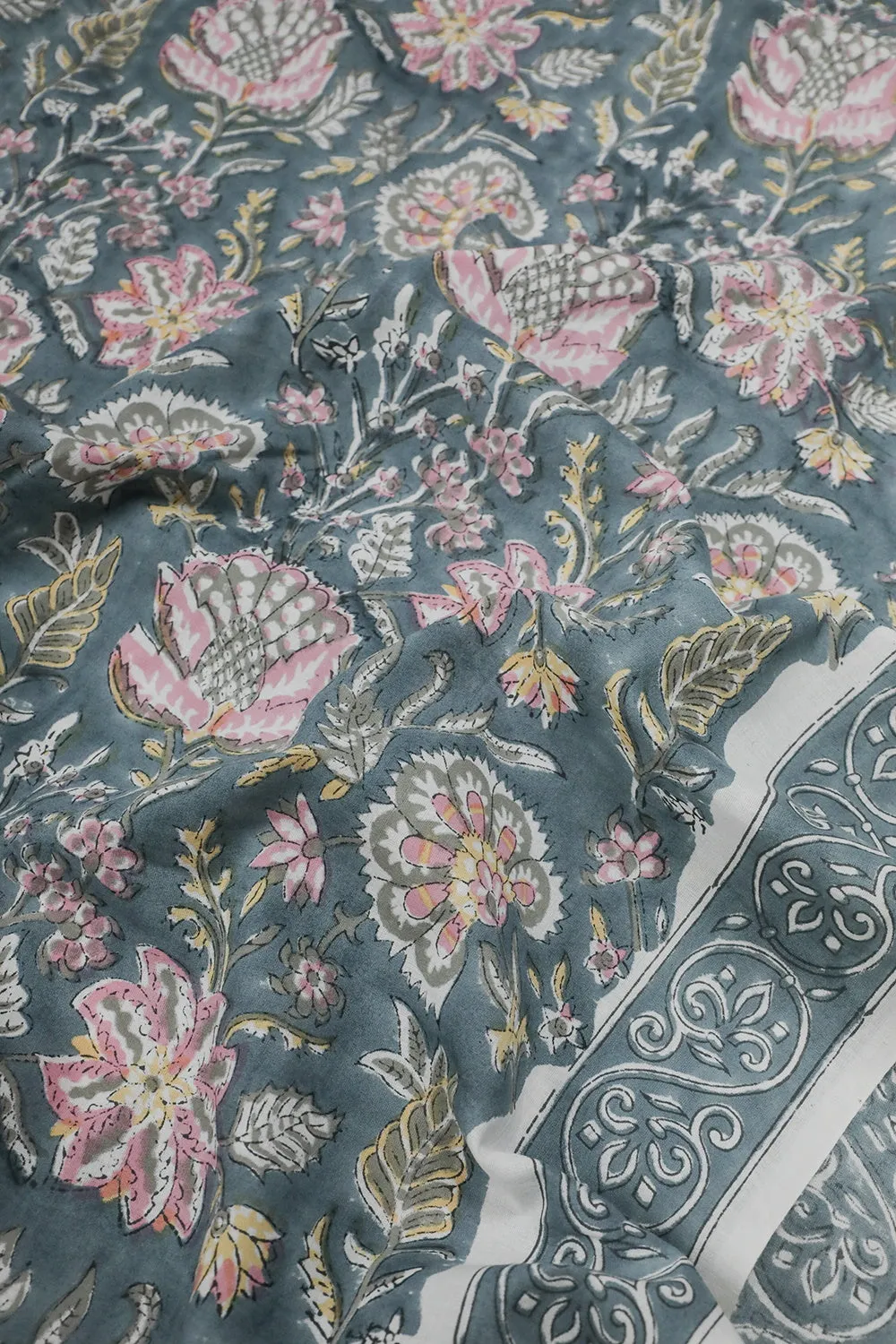 Colorful Floral on Grey Sanganeri Cotton Fabric - 1.25m