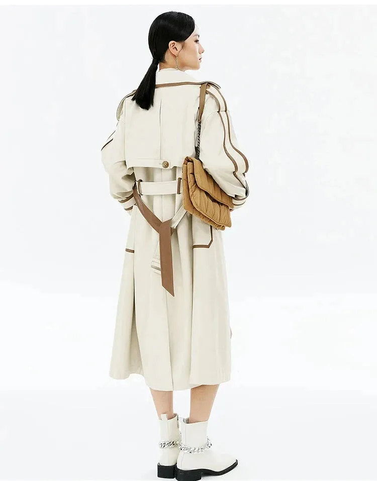 Contrast PU Leather Trench Coat