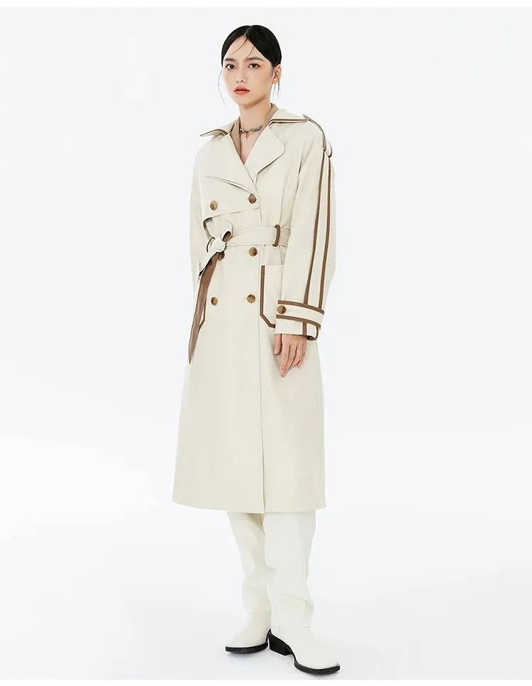 Contrast PU Leather Trench Coat