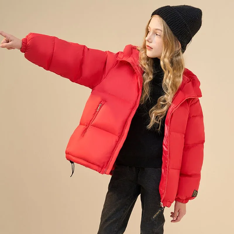 Cozy and Stylish Mid-Waist Down Jacket for Kids – Available in Black, Red, and Purple