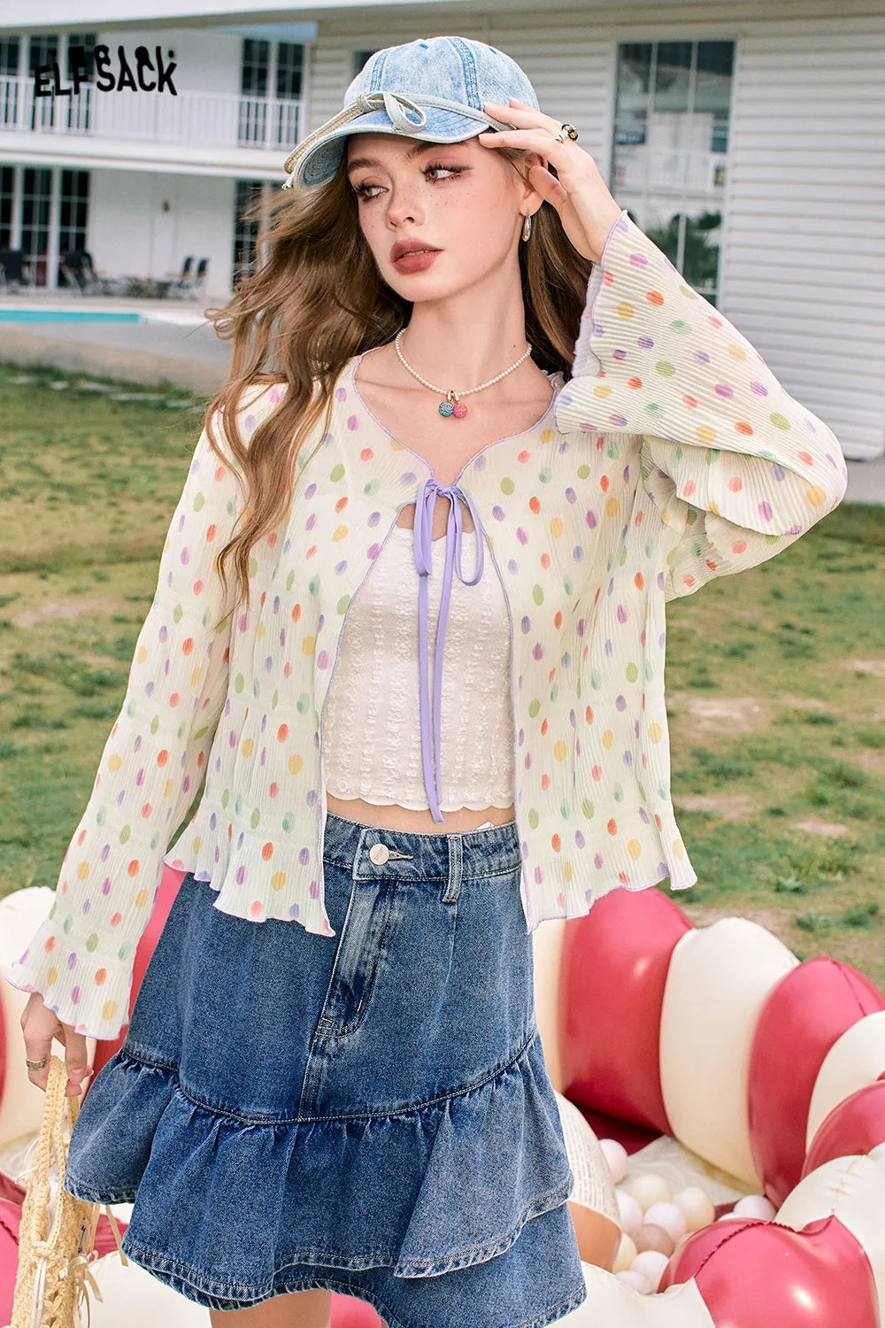 ELFSACK 2024 Summer New Arrivals Colorful sexy hollow polka dot textured cardigan with chiffon shirt for women