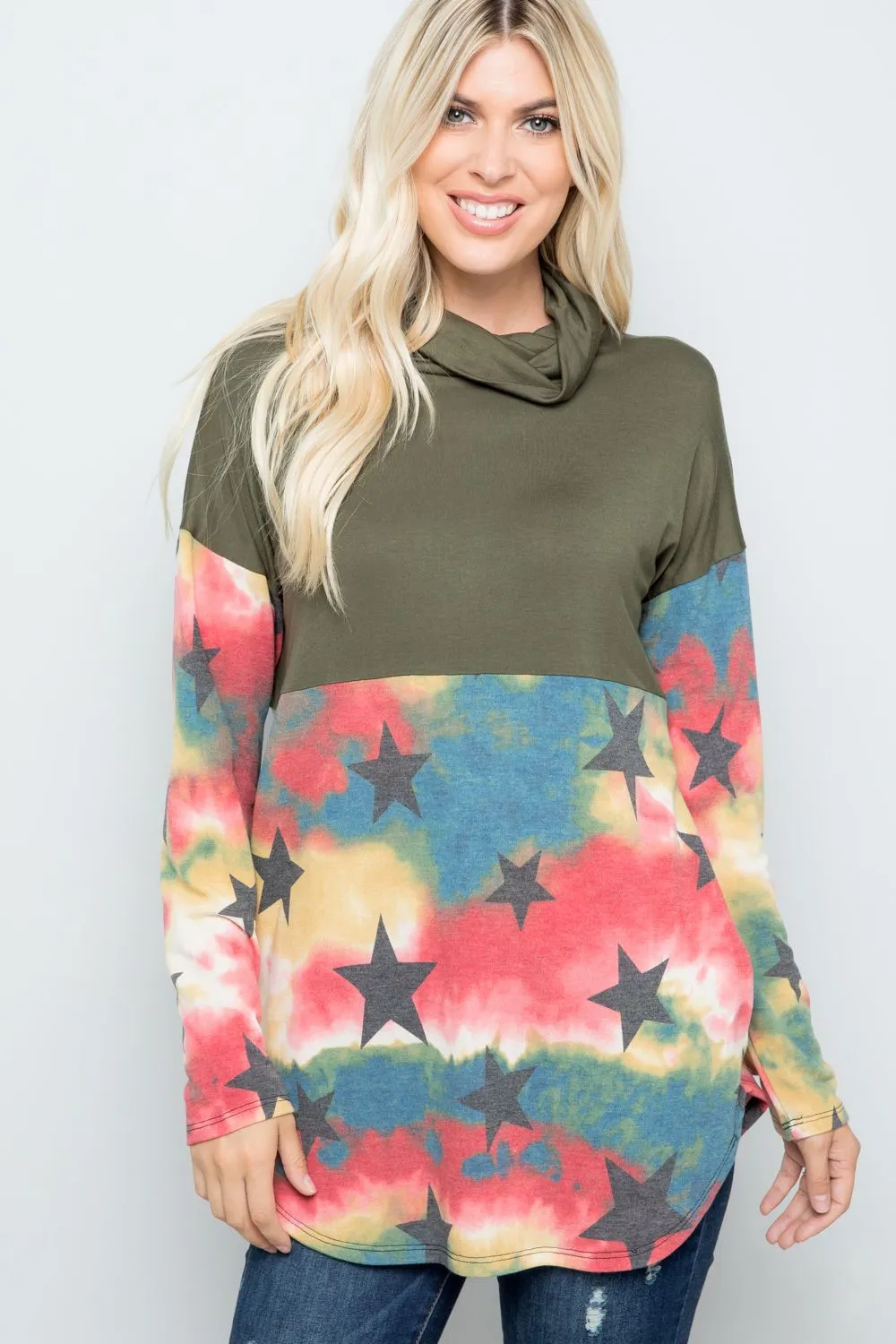 Full Size Tie-Dye Star Print Long Sleeve Blouse