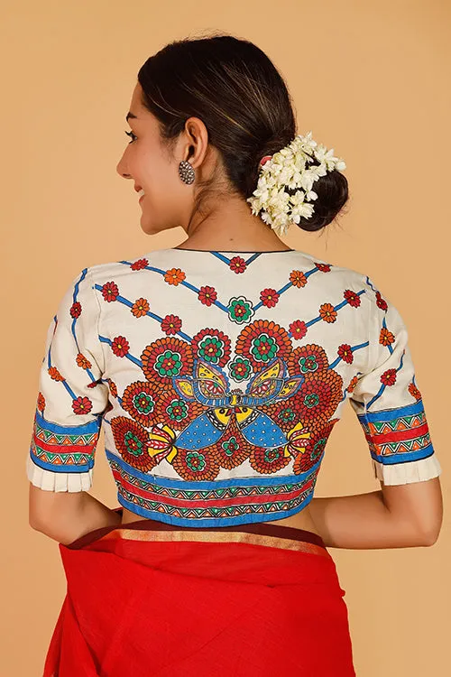 Gubbaro Handpainted Madhubani 'Ecstatic Mayur' Moonga Silk Blouse