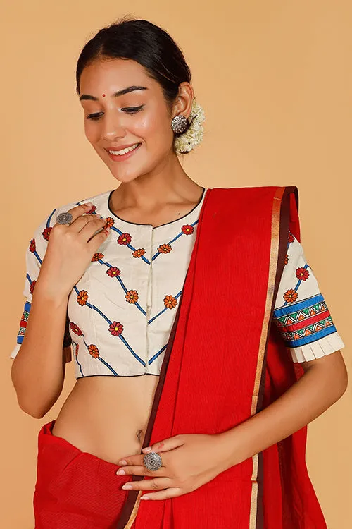 Gubbaro Handpainted Madhubani 'Ecstatic Mayur' Moonga Silk Blouse