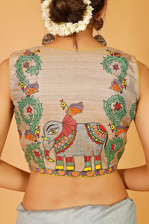 Gubbaro Handpainted Madhubani 'Ele Mayuri Vrindavan' Blouse