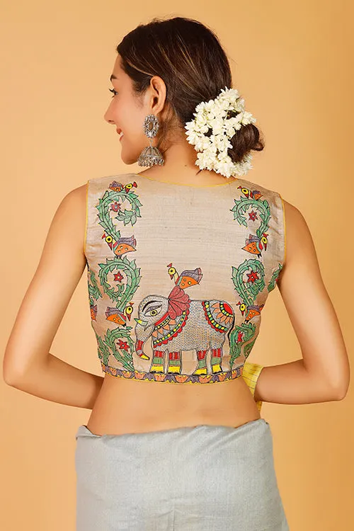 Gubbaro Handpainted Madhubani 'Ele Mayuri Vrindavan' Blouse