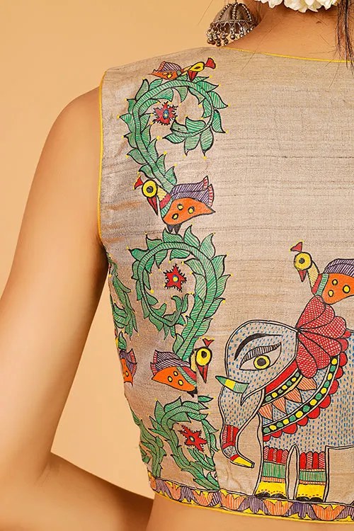 Gubbaro Handpainted Madhubani 'Ele Mayuri Vrindavan' Blouse