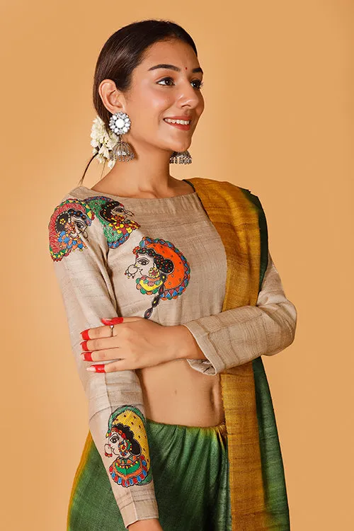 Gubbaro Handpainted Madhubani 'Gopiyaan' Tussar Silk Blouse