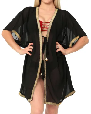 LA LEELA Kimono Cardigan Bikini Cover up jacket loose Casual Women OSFM 14-32 [L-5X] Black_6366