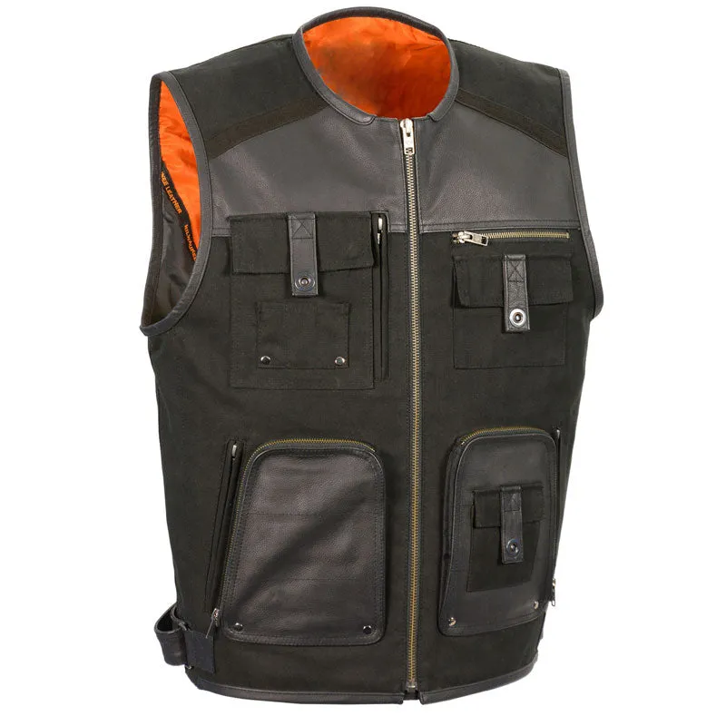 LEATHER & CANVAS ZIPPER FRONT SUPER UTILITY MULTI POCKET VEST