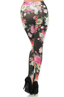 Leggings Pants Floral Colorful Spring Summer Stretch Full Long Length