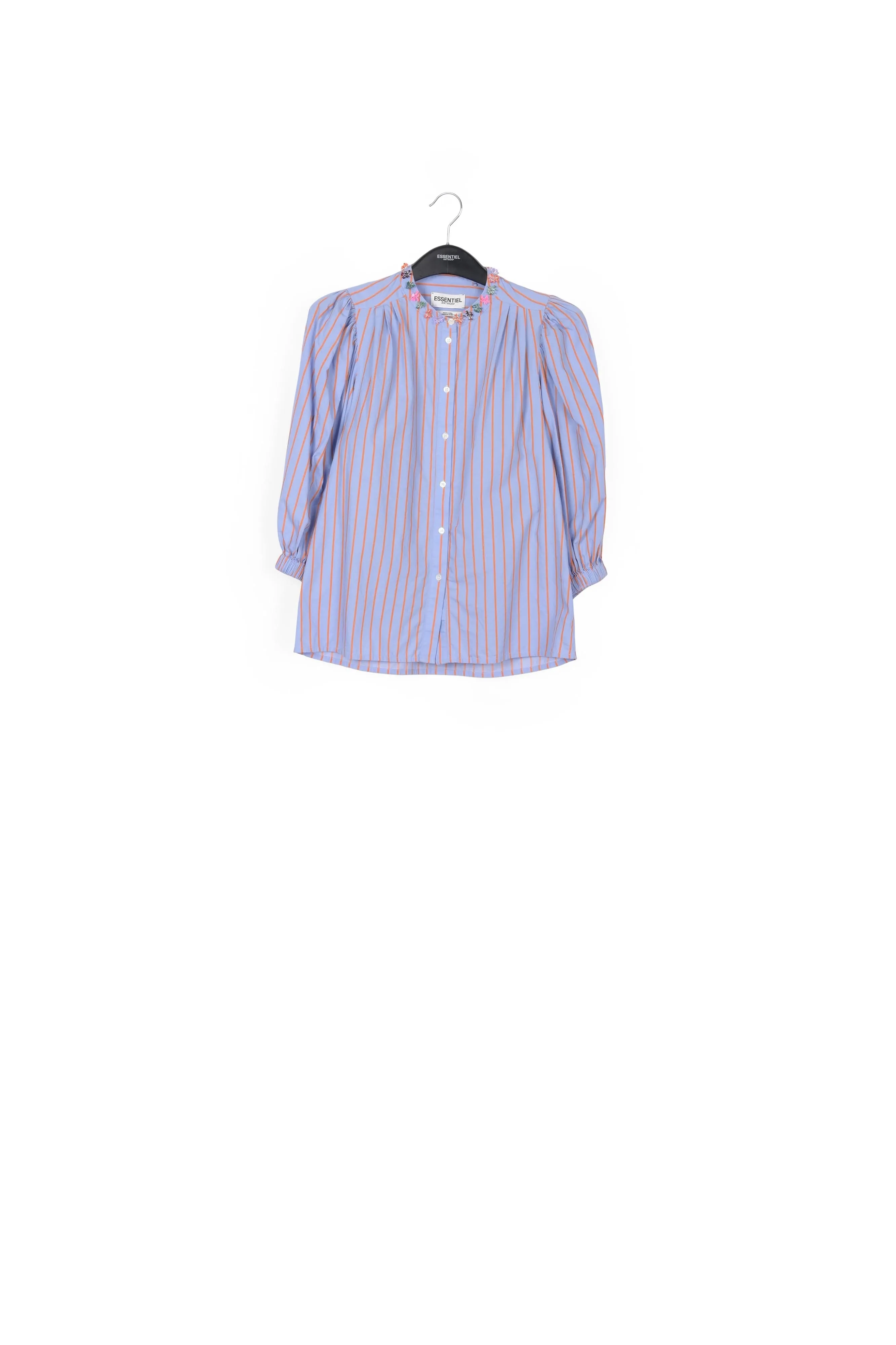 Light blue and orange striped cotton shirt with bead embellishments