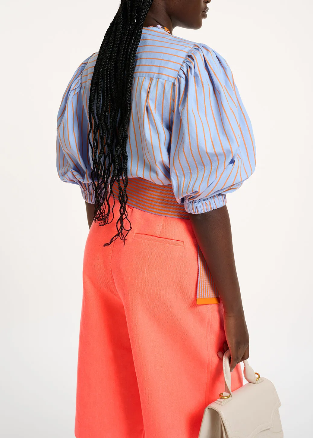 Light blue and orange striped cotton shirt with bead embellishments