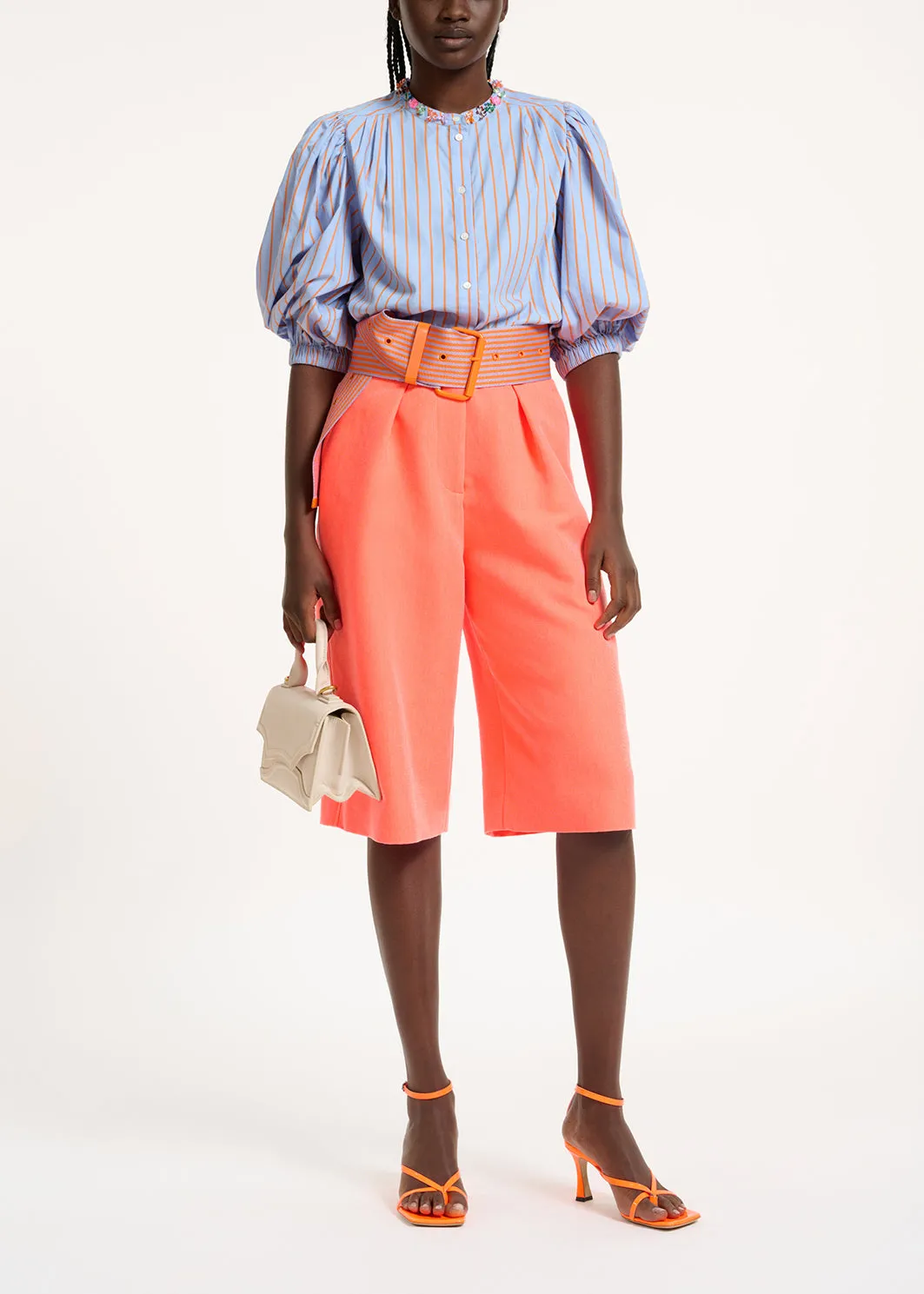 Light blue and orange striped cotton shirt with bead embellishments