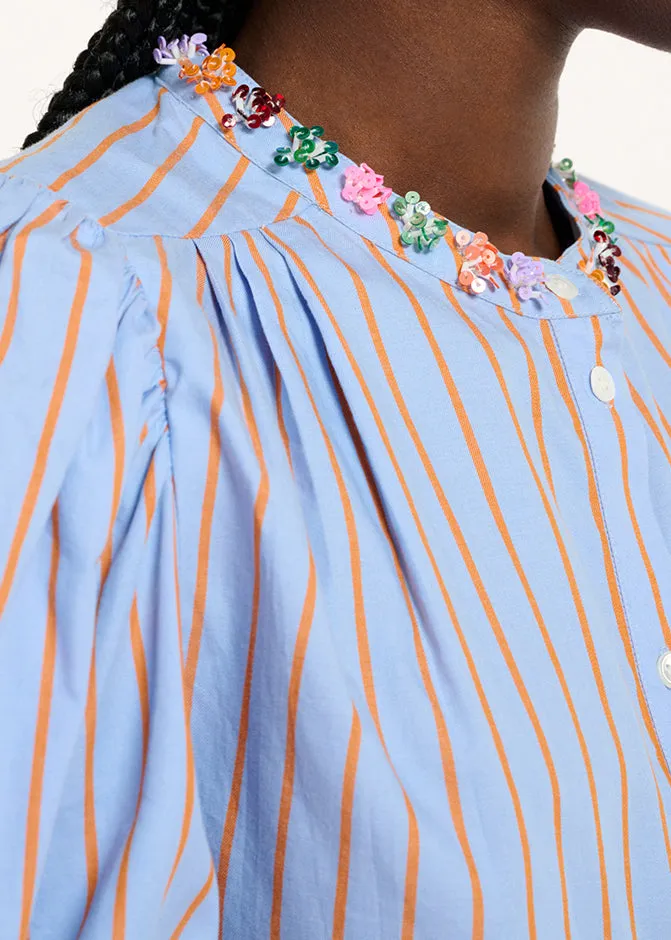 Light blue and orange striped cotton shirt with bead embellishments