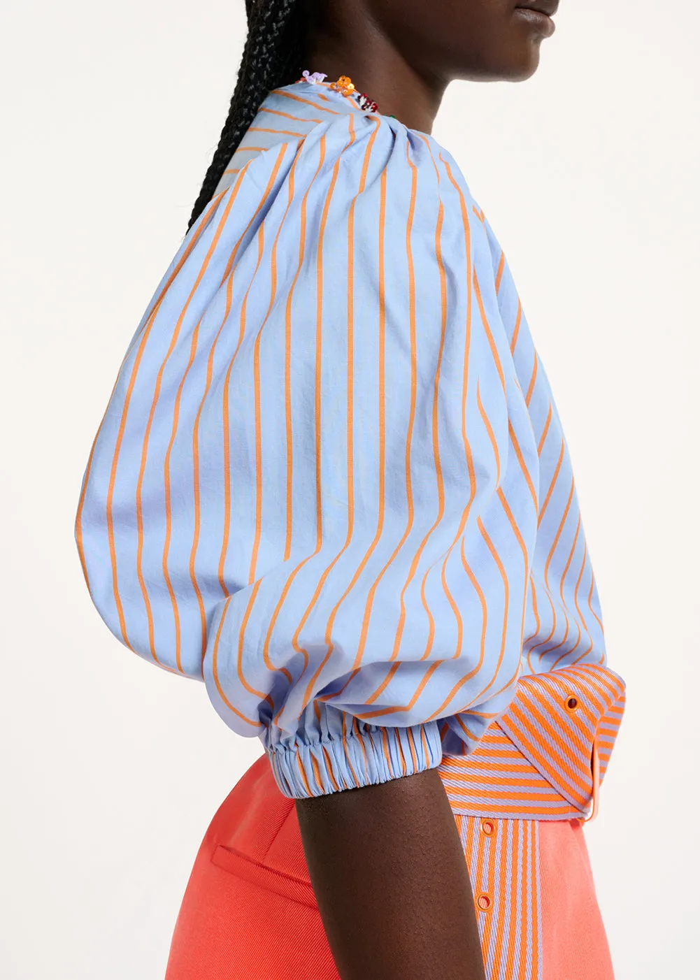 Light blue and orange striped cotton shirt with bead embellishments