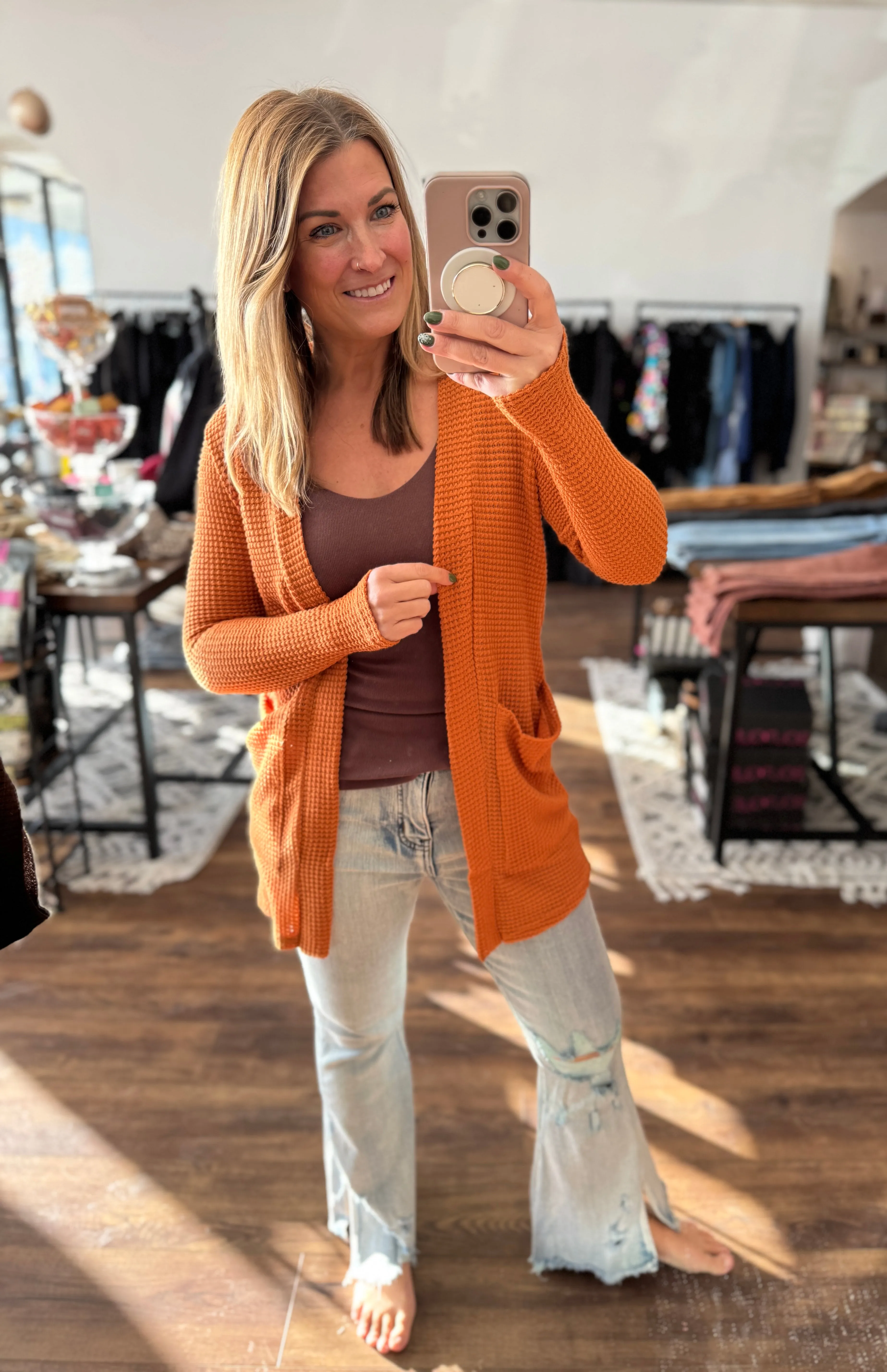 Lola Waffle Knit Cardigan with Thumbholes - Burnt Orange