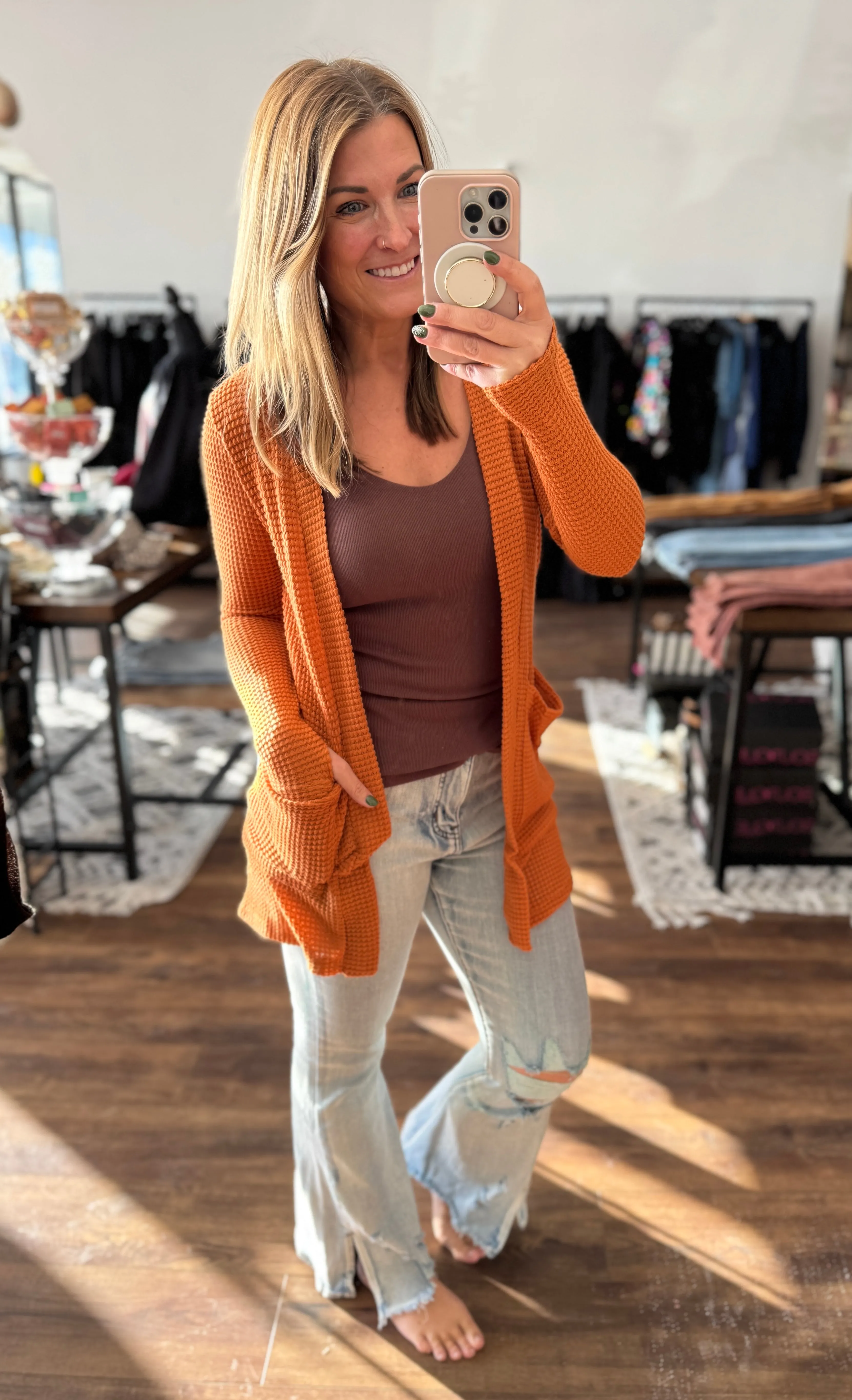 Lola Waffle Knit Cardigan with Thumbholes - Burnt Orange