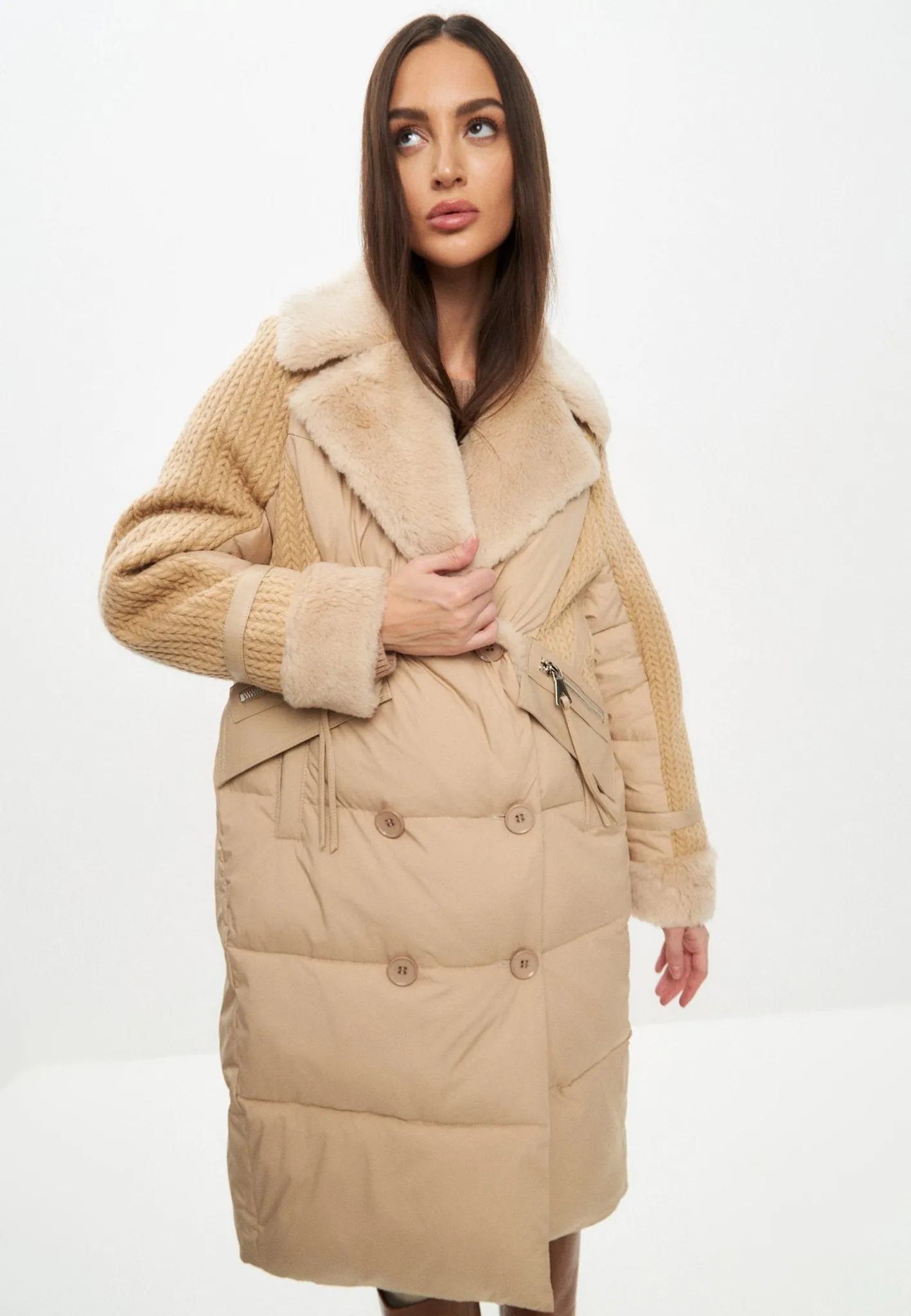 Long Quilted Coat Oversize Style - Beige