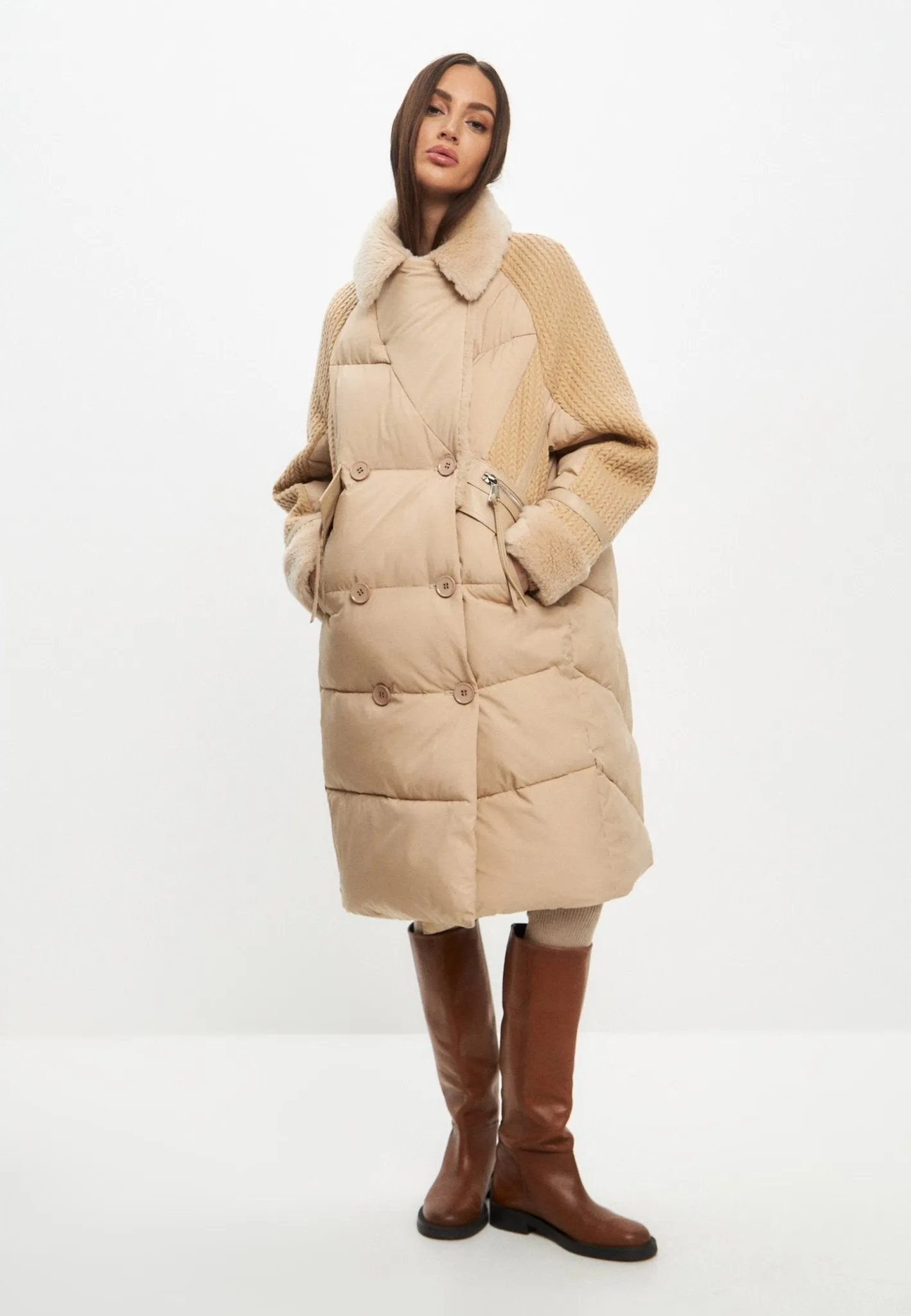 Long Quilted Coat Oversize Style - Beige