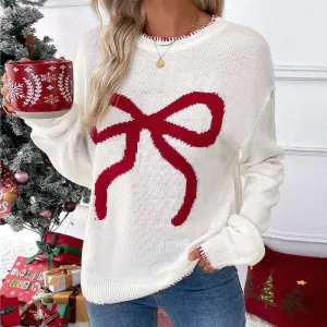 Loose-Fit Long Sleeve Red Bow Christmas Sweater