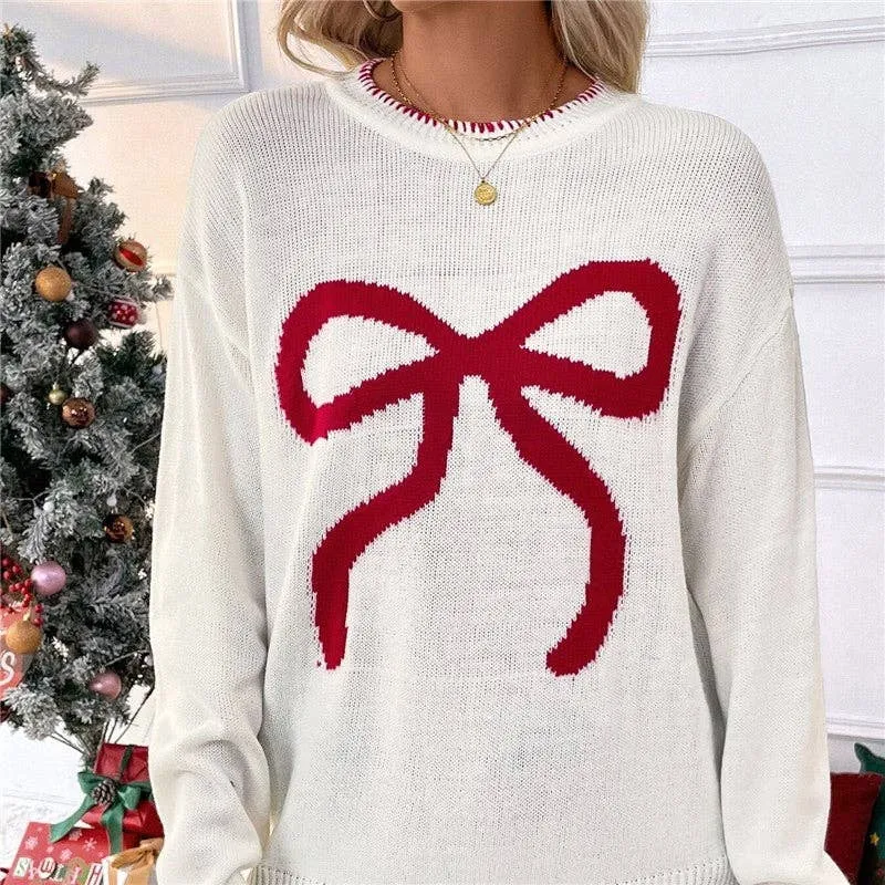 Loose-Fit Long Sleeve Red Bow Christmas Sweater