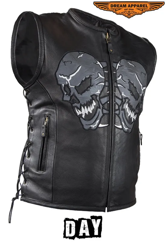 Mens Leather Vest With Reflective Evil Skulls